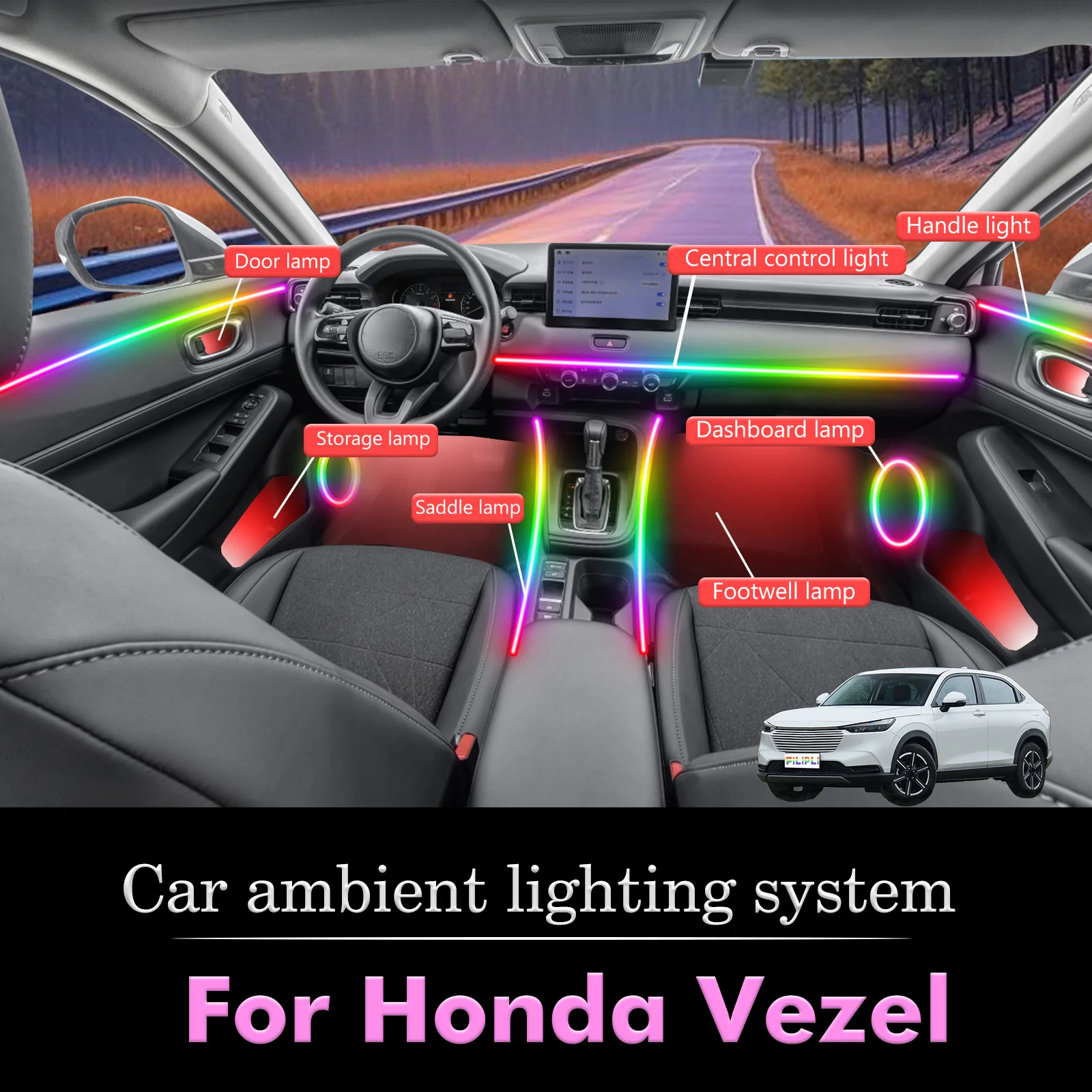 

For Honda Vezel Car Interior Ambient Light RGB 64-Color LED Smart Remote Control Energy Saving Efficient Lamp Set