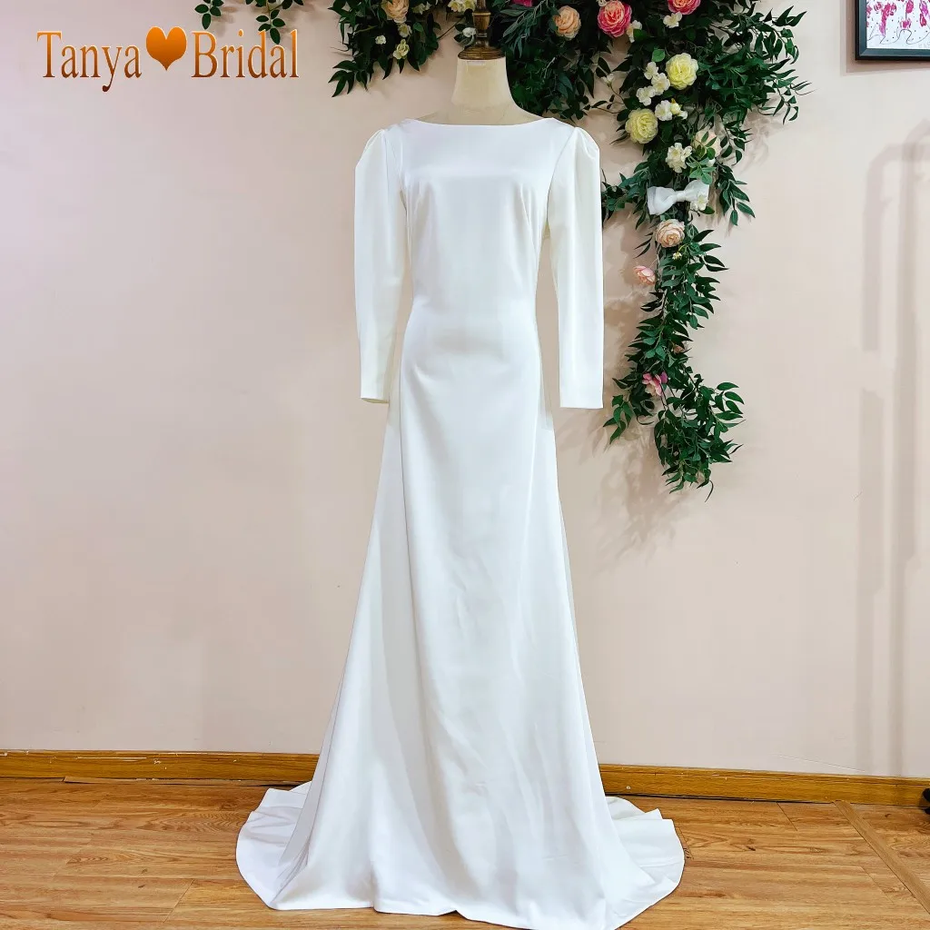 V Back A Line Simple Satin Wedding Dress Full Sleeves Scoop Neck Bridal Gown