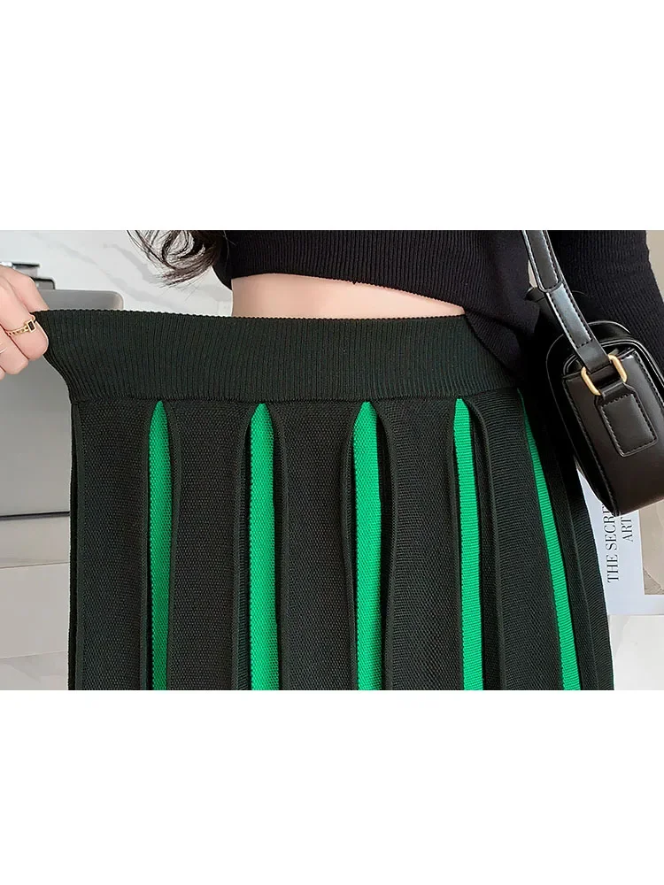 New 2024 Autumn Winter Skirts for Woman High Waist A Line Pleated Knitted Long Skirts for Women Black Green Patchwork Skirt