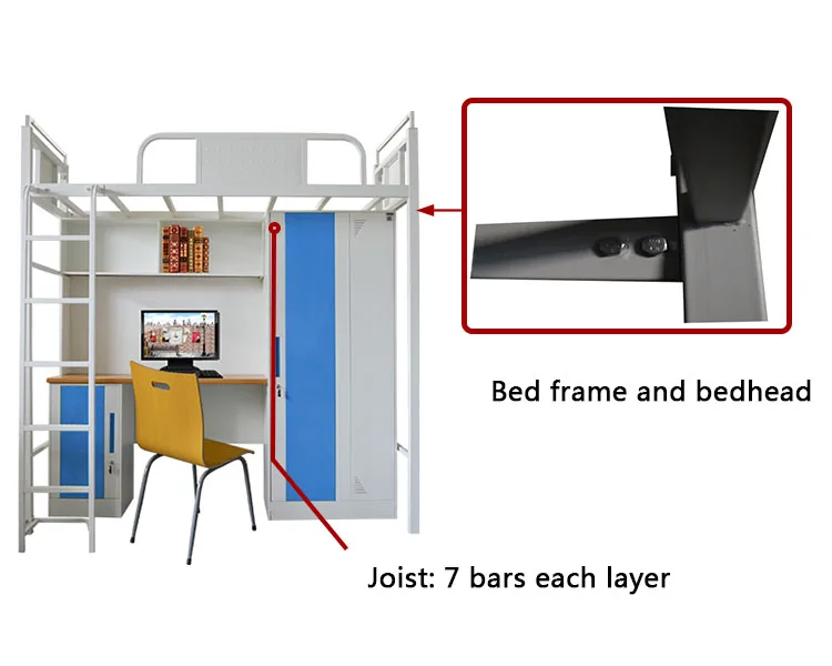 เตียงสองชั้นเหล็กสำหรับนักเรียนในหอพักพร้อมโต๊ะเขียนหนังสือและโต๊ะทำงานสำหรับผู้ใหญ่