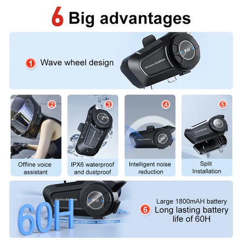 Imagen 2 del producto Auriculares Bluetooth para casco de motocicleta V5.3, Control por voz, llamadas manos libres inalámbricas, 1800mAh, altavoces comunicador impermeables