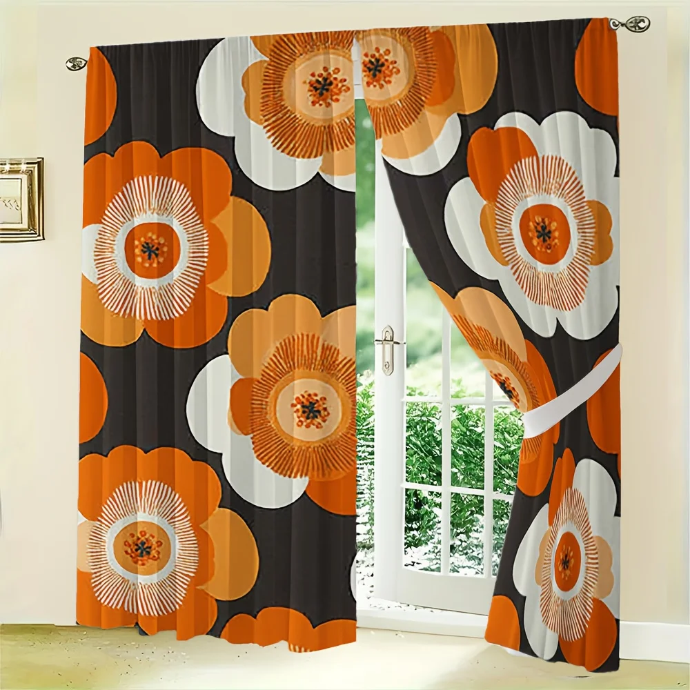 2pcs Mid-Century Retro Curtains No Rod — Orange & White Groovy Floral Pattern on Charcoal, Sheer Polyester for Living Room,