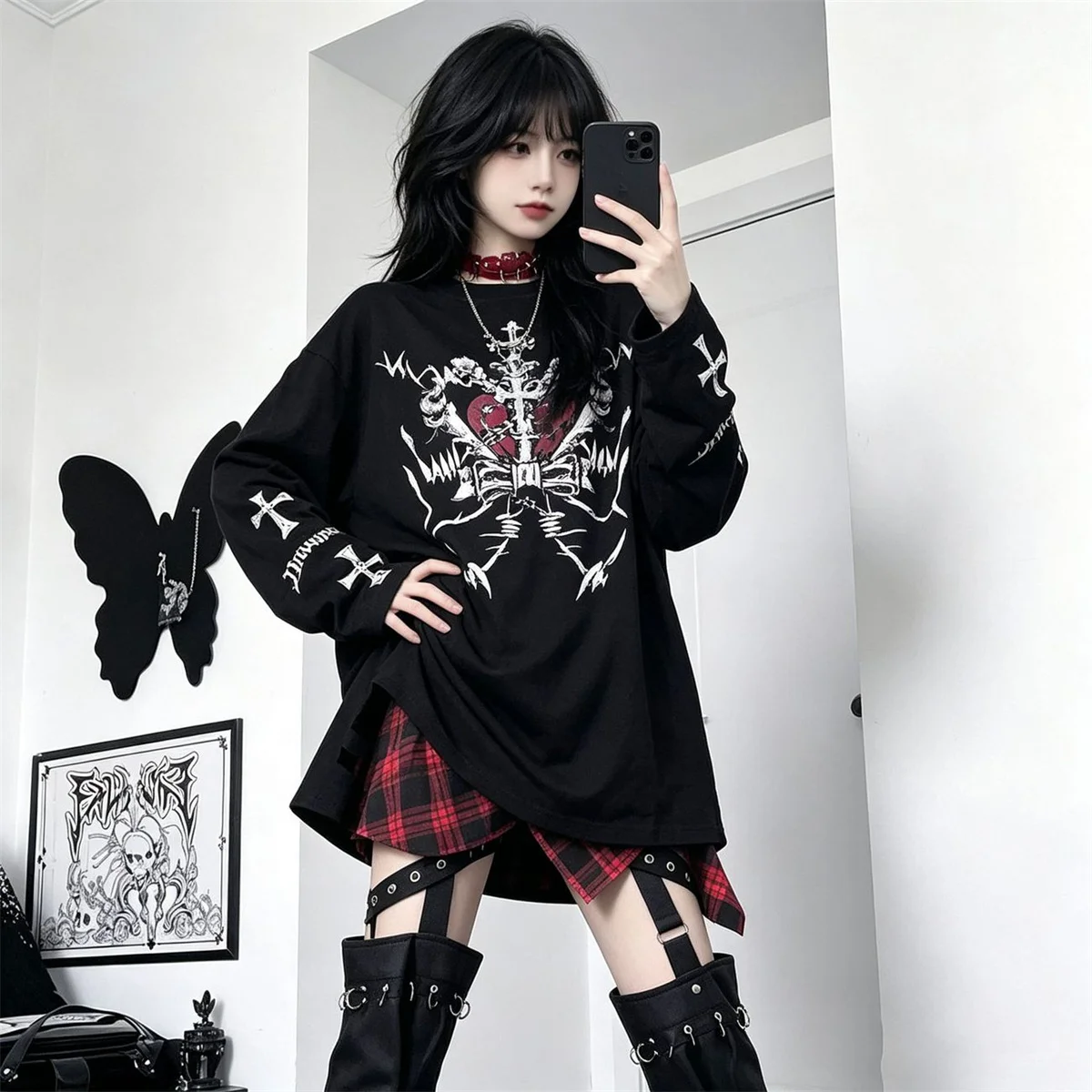 Winter Japanese Gothic Print Punk Y2k T-shirt Women Loose Grunge T-shirt Aesthetics Tees Harajuku Kawaii Shirts Black Tops