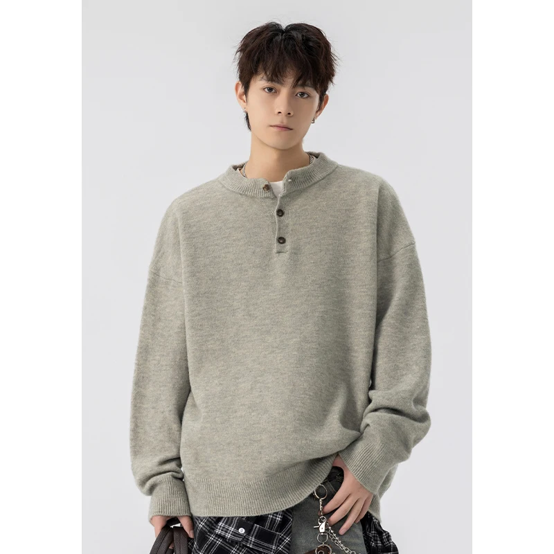 

American Sle Henry Collar Knitted Sweater Men's Autumn Winter New Heavyweight Casual Long Sve Base irt