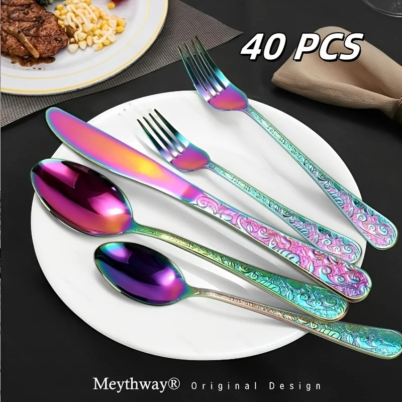 

40pcs Vintage Carved Golden Flatware Set For 8pcs, Stainless Steel Flatware Set With Knife/Fork/Spoon, Home And Kitchen Flatware Set, Dishwasher Safe, Rainbow Golden