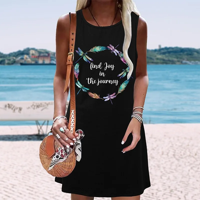 

Black Summer Elegant Dress Women's 2024 Fashion Casual Sleeveless Letter Printed Short Skirt Street Wear Dress for Women