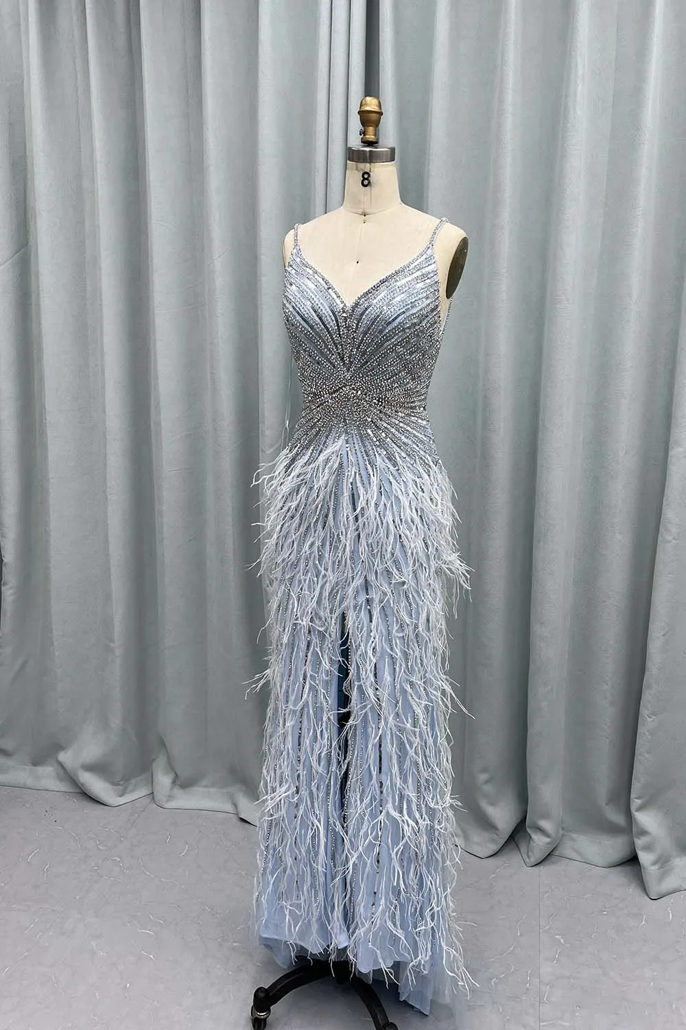 YQLNNE Luxury Blue Feathers Crystals Long Evening Dresses Straps Tulle Beaded Weddding Party Gown Vestidos