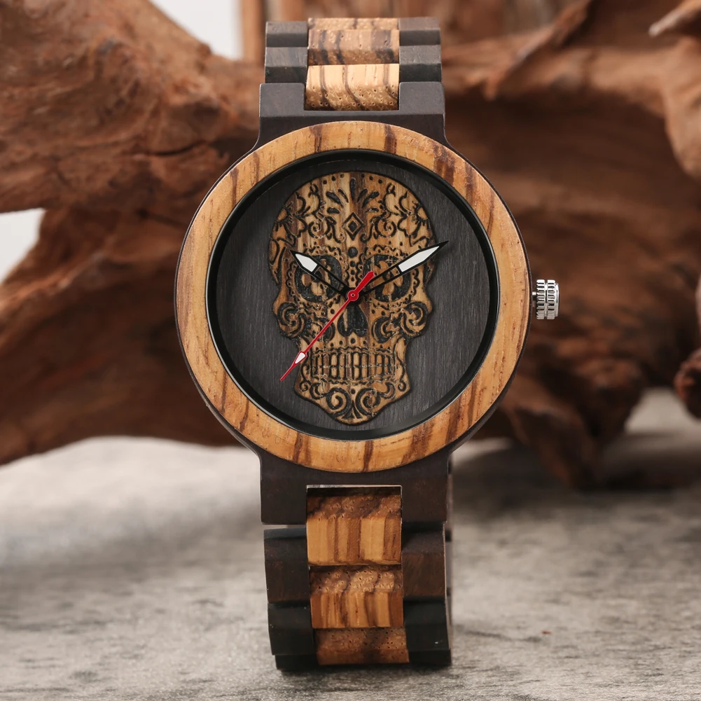 Steampunk Flower Skeleton Red Seconds Dial Men\'s Zebrawood Bangle Wristwatches Quartz Male Watch Folidng Clasp Wooden Watchband