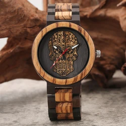 Steampunk Flower Skeleton Red Seconds Dial Men's Zebrawood Bangle Wristwatches Quartz Male Watch Folidng Clasp Wooden Watchband