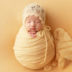 Accesorios de fotografía para bebé recién nacido, envoltura elástica para bebé, sombrero de encaje encantador, tocado amarillo, utilería de fotografía infantil, accesorios de estudio