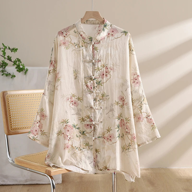 

Элегантная женская рубашка в китайском стиле с принтом, на пуговицах, тонкая, средней длины, весенняя новинка, роскошная модная деловая повседневная блузка