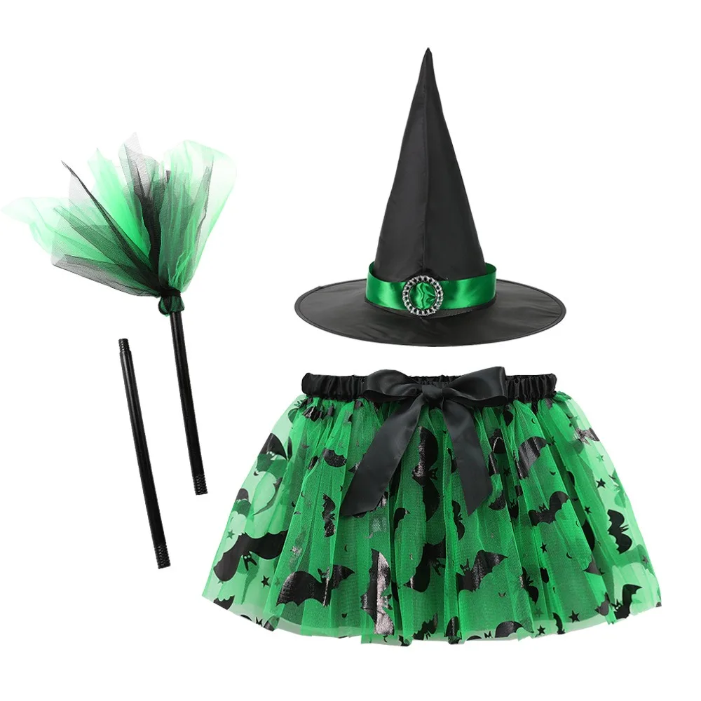 

3Pcs/set Wizard Childern Halloween Costumes Pointy Hat Broom Kids Witch Dress Set Bright Color Costume Cosplay Props
