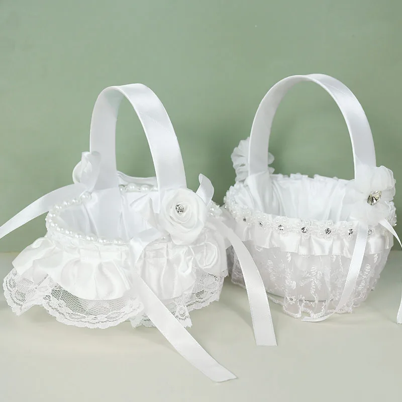Cesta de flores blancas para niñas, cesta de seda para boda, pétalos de flores de mano, decoraciones para fiestas y ceremonias