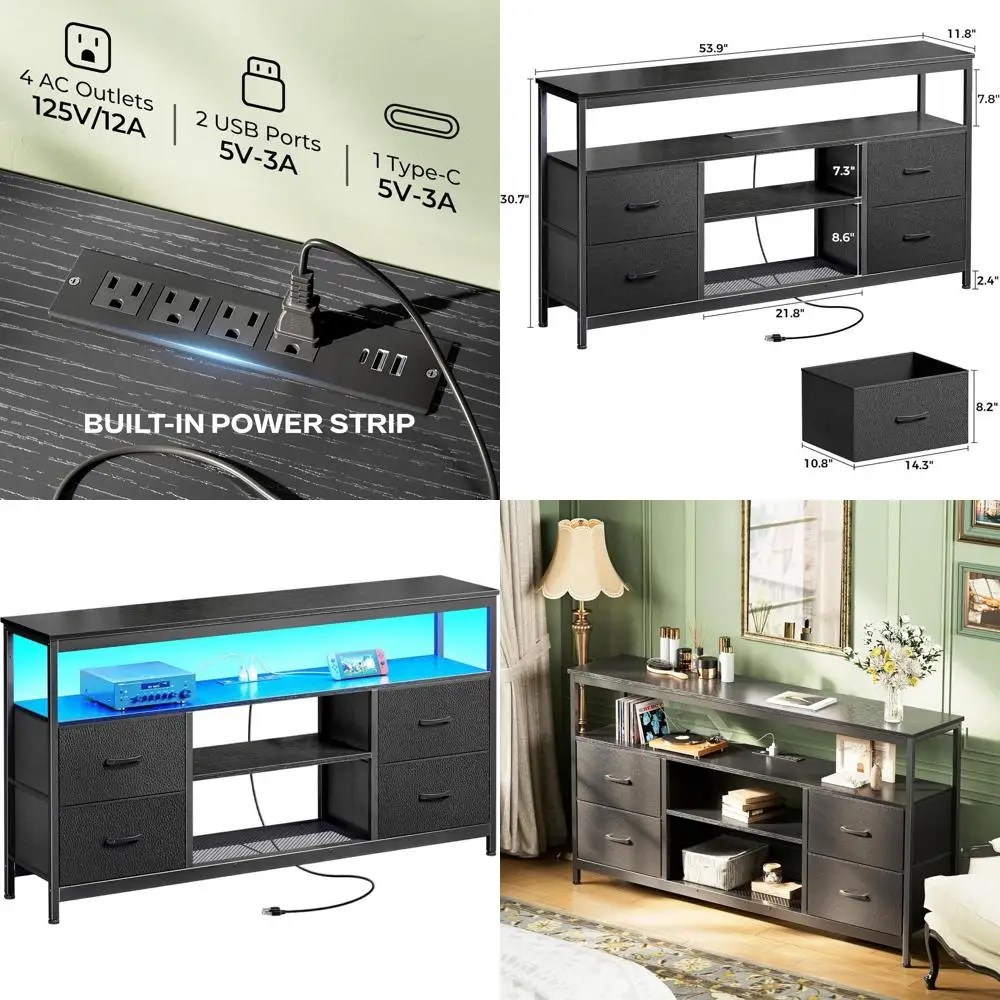 Black 4-Drawer Entertainment Center with LED Lights, Power Outlets, and 54-Inch TV Capacity