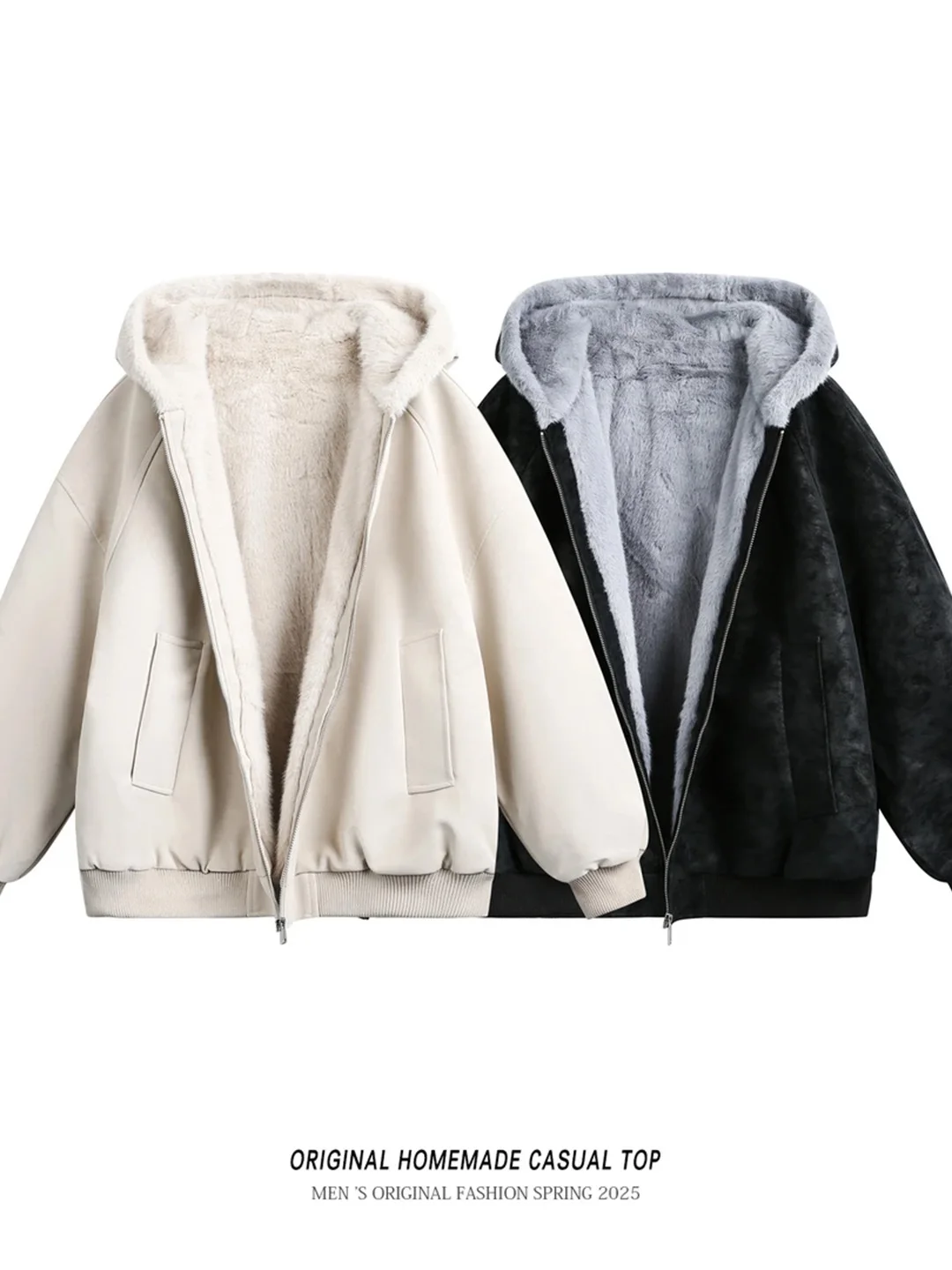 

Men's Winter Thiened Fce Lined PU Leather Fur Inteated Coat Hooded Cotton Jaet Warm Cotton Clothes Cleanfit Color