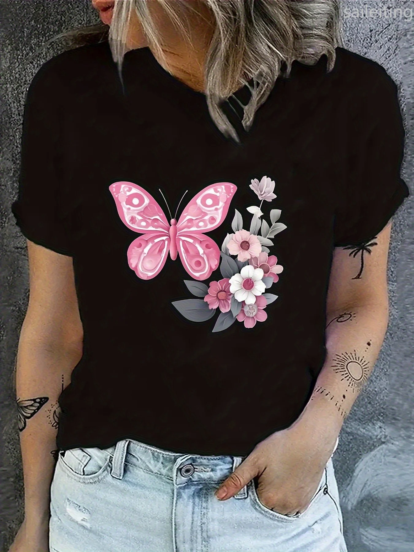 ユニセックスピンク蝶と花柄 Tシャツカジュアルに適した原宿スリーブカジュアル婦人服ストリート美的服