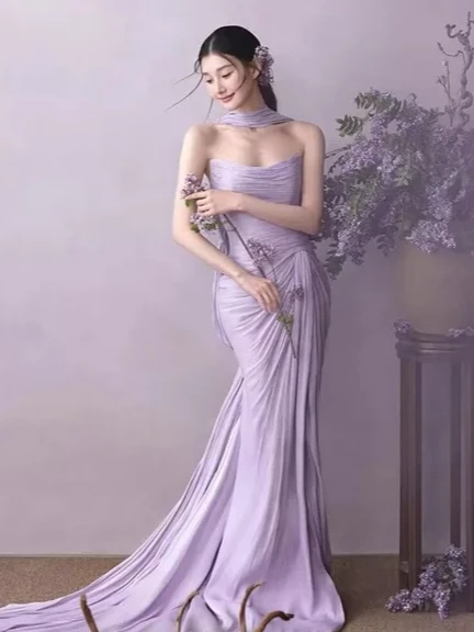 Customized Elegant Temperament Dignified Chinese Style Strapless Wedding Dresses Charming Purple Ribbon Floor Length Bridal Gown