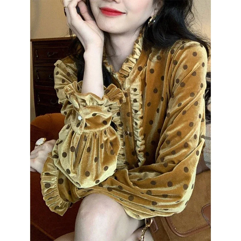 MEXZT Vintage Velvet Shirts Women Elegant Polka Dots Long Sleeve Blouses Office Ladies Korean Print Chic Tops Autumn Winter New