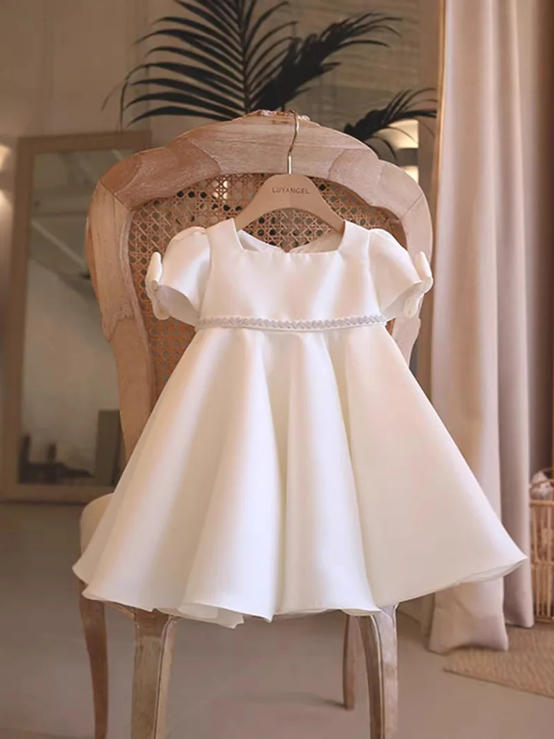 

Custom Flower Girl Dress Wedding Gown Birthday Party Pageant Dress Short Sleeve Square Neck Lace Trim Satin A Line Princess Dres