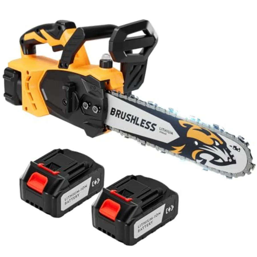 

12-Inch Electric Chainsaw for wood cutting tree trimming yard maintenance; lightweight 20V cordless design with 2 battery pack;