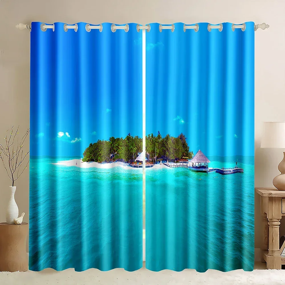 Tropical Island Blackout Curtains,Ocean Palm Tree Window Curtains Tropical Beach Theme  Sea Island View Print Window Drapes