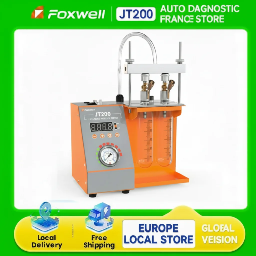 FOXWELL JT200 Machine de test et de nettoyage par impulsions d'injecteurs de carburant à double canal, compatible avec les voitures et motos 12V, expédié depuis la France
