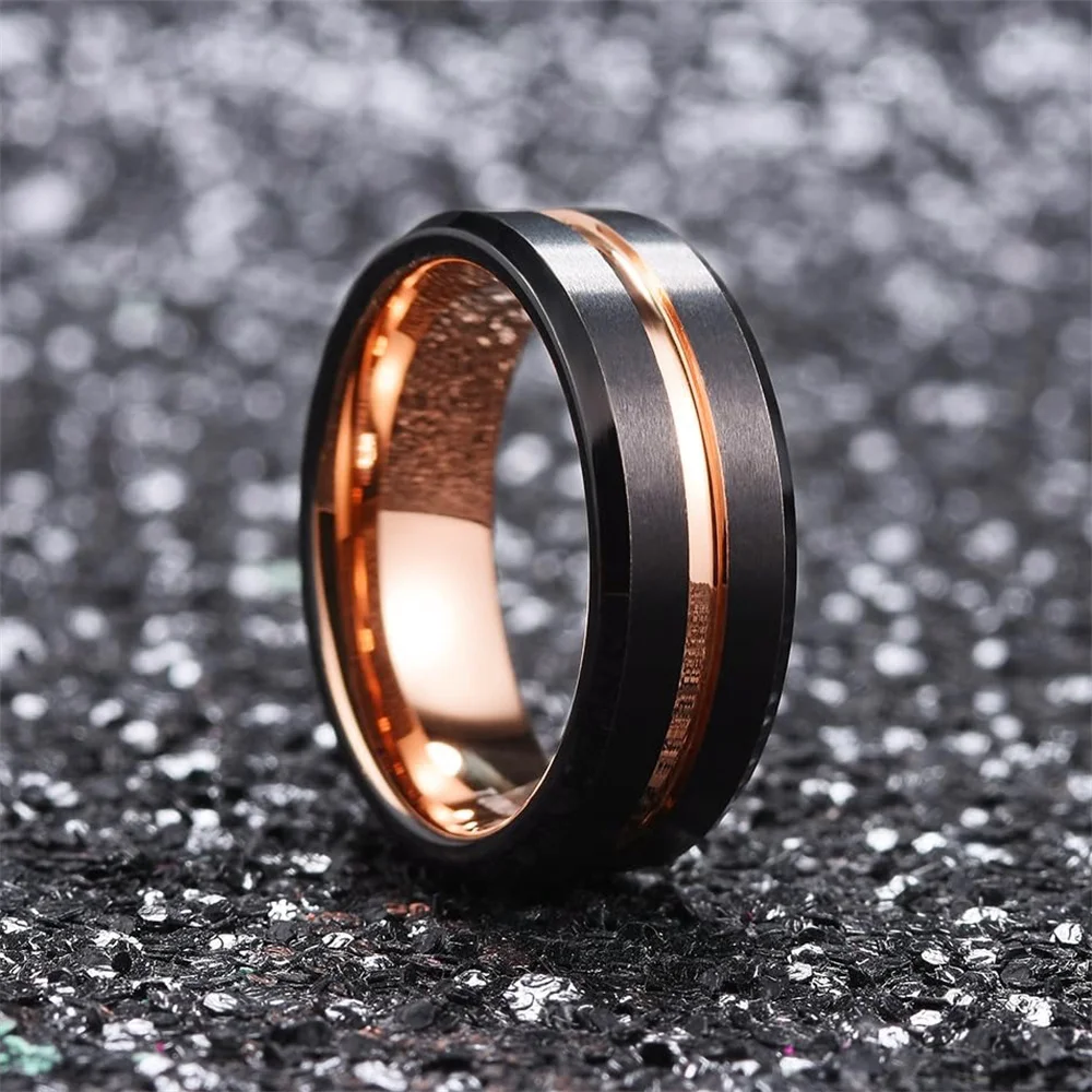 Trendy 8mm Men Stainless Steel Rings Black Brushed Rose Gold Color Groove Beveled Edge Engagement Rings For Men Wedding Jewelry