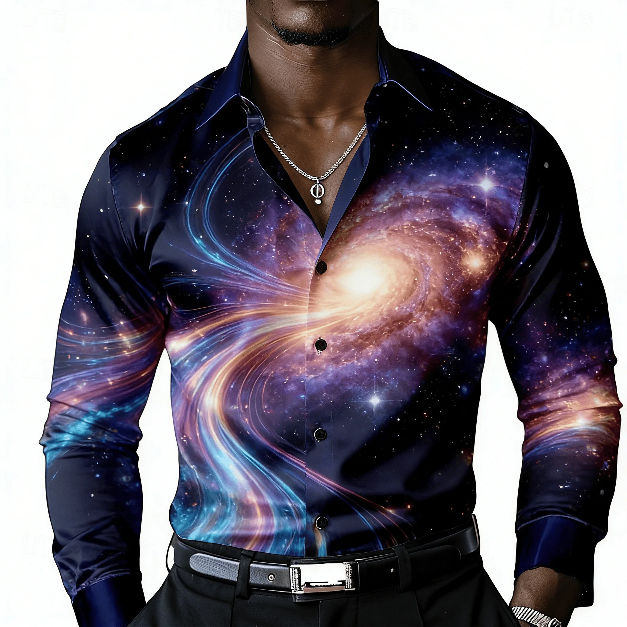 

Men's Cosmic Galaxy Swirl Print Lapel Shirt, Spring Summer Night Party Top, Spiral Nebula Starry Design