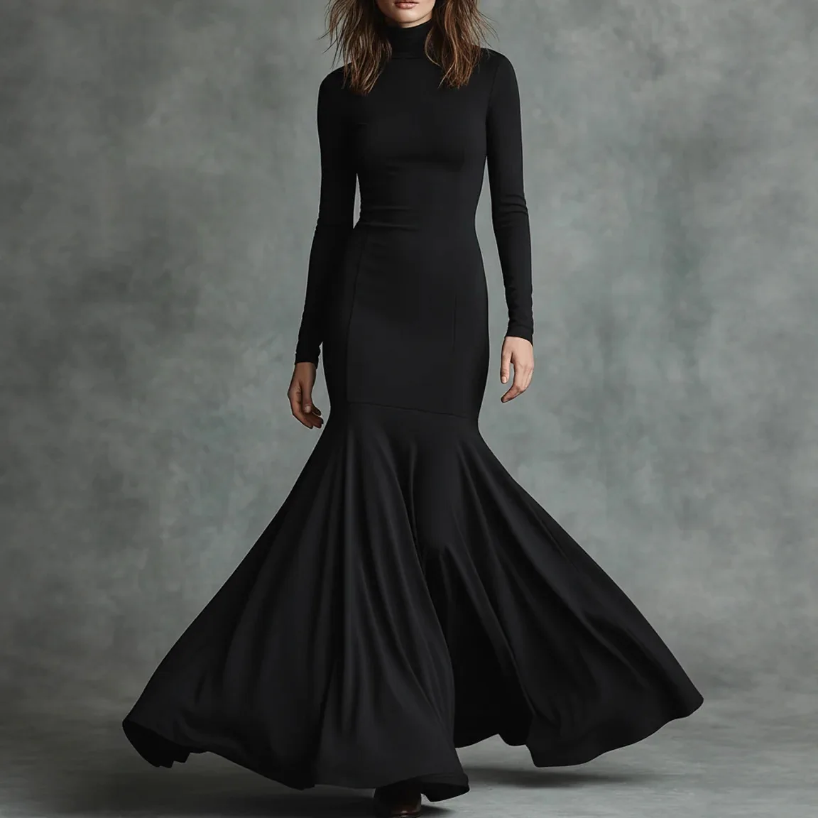 

European And American Style Women's Long Dress Fashion Turtleneck Fishtail Dress Elegant Hight Waist Pleated Slim Party Dress
