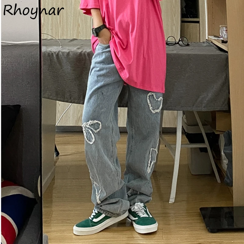 

Jeans Women Casual Vintage Patch Design Retro Spring High Waist Chic Fashion Simple All-match Korean Female New Wide Leg Loose