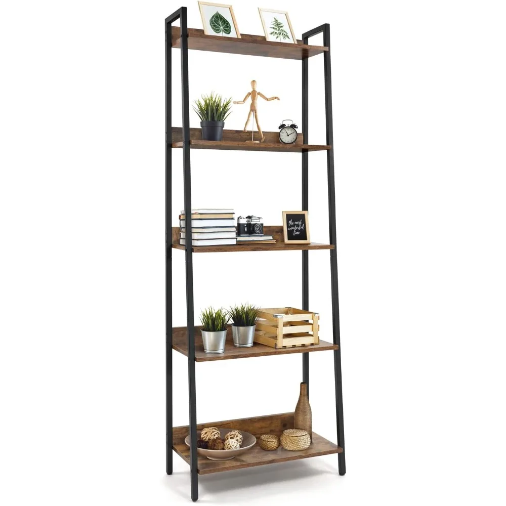 5 Tier Ladder Bookshelf, 24 Inch Width Free Standing Shelf, Bookcase Shelf Storage Rack Organizer, Industrial Book Shelves for