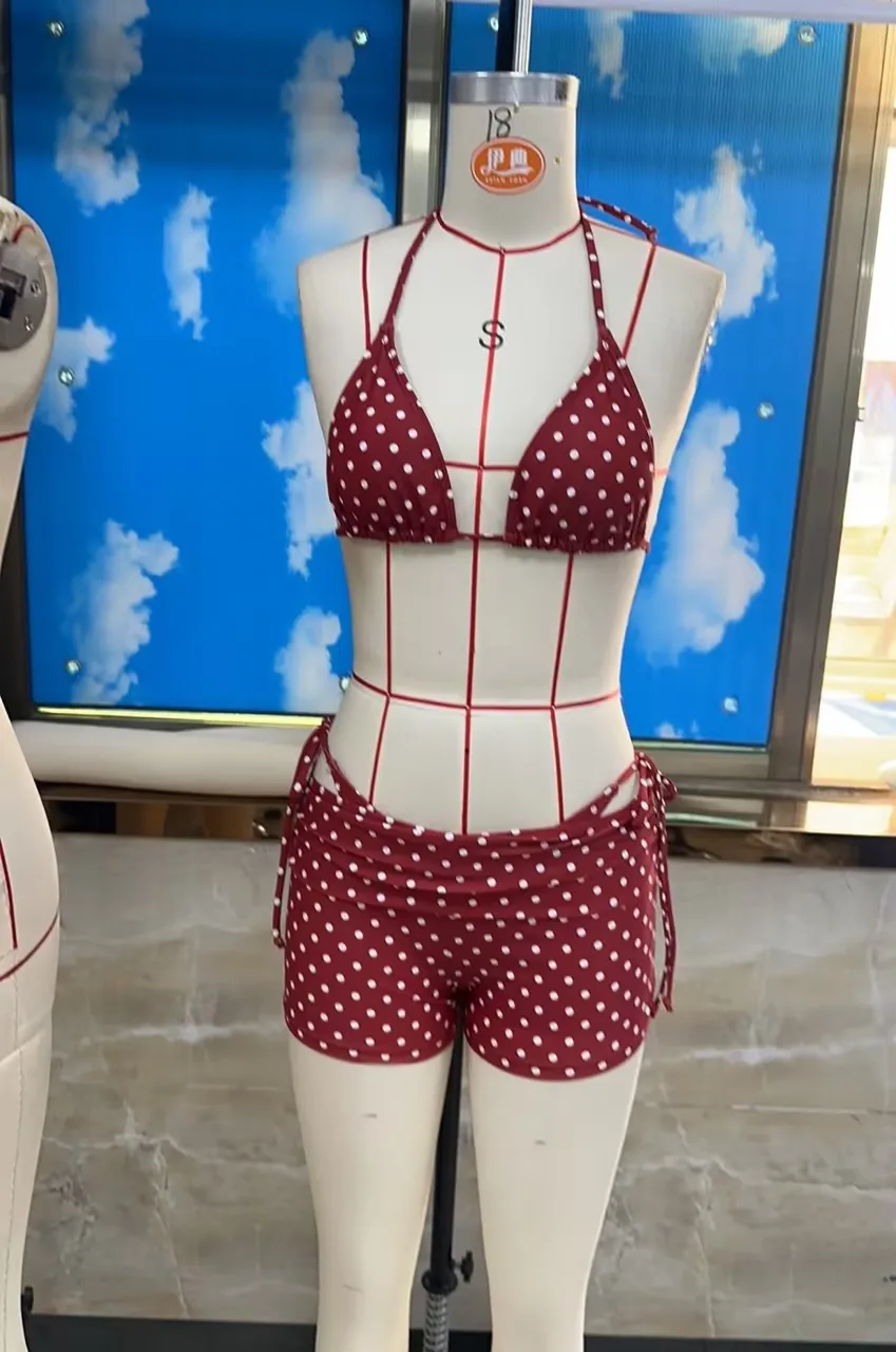 

Women’s Two Piece Outfits Halter Bikini Top and Cutout Shorts Set Red and White Spotted Swimwear for Pool Party