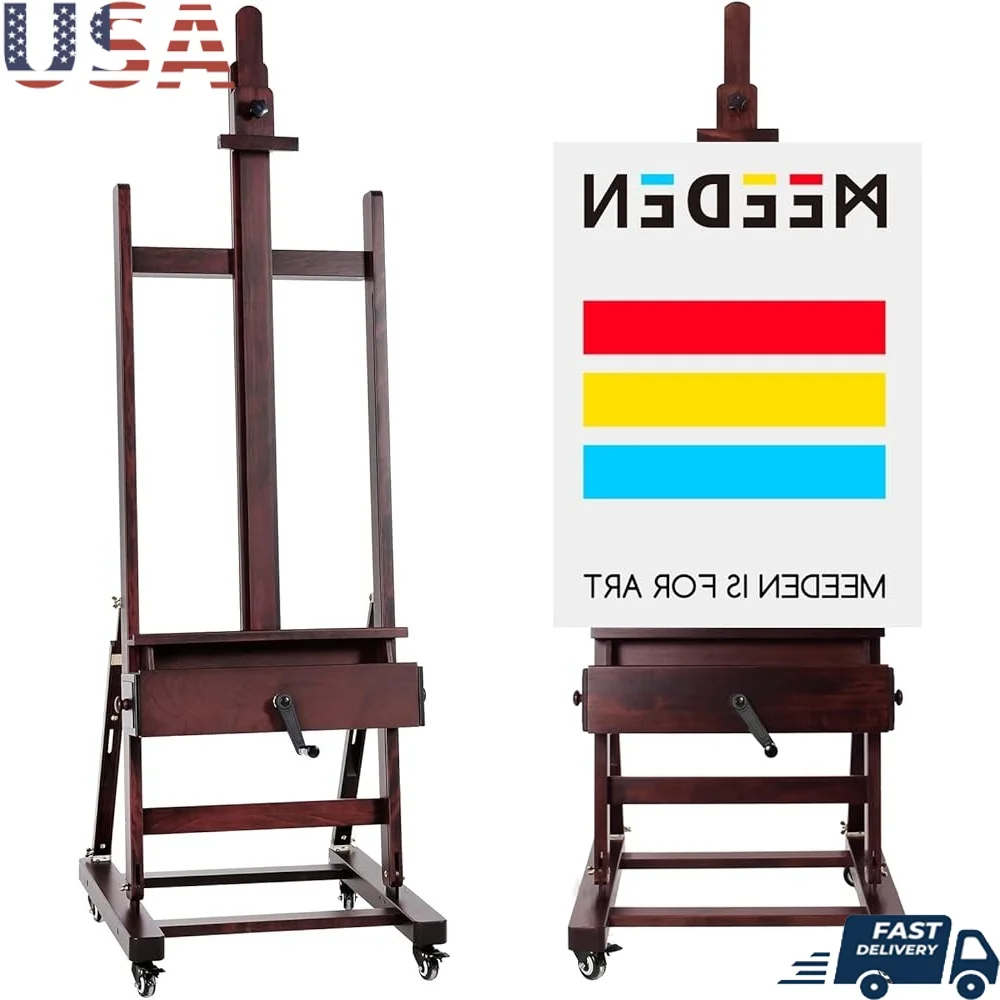 

Professional Extra Large Beechwood Art Easel Crank Adjustable Height Heavy Duty Studio Easel with Mobile Storage Drawers 360°