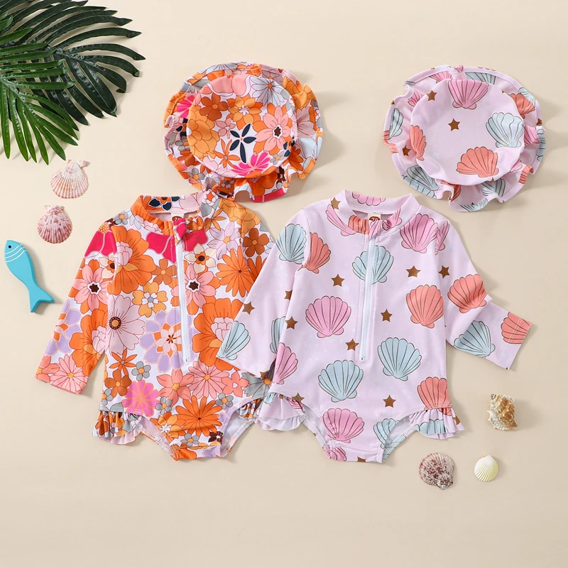 0-2 Years Toddler Baby Girls Swimwear Infant Spring Summer Swimsuit Long Sleeve Floral/Shell Print Bathing Suit with Hat Outfit