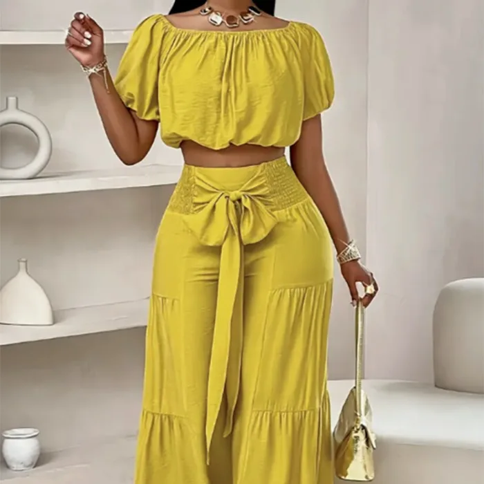 

Spring New Style Women's High Waist Flared Leg Pants Suit Belted Drapey Casual Outfit Two Piece Set Short Sleeve T-Shirt