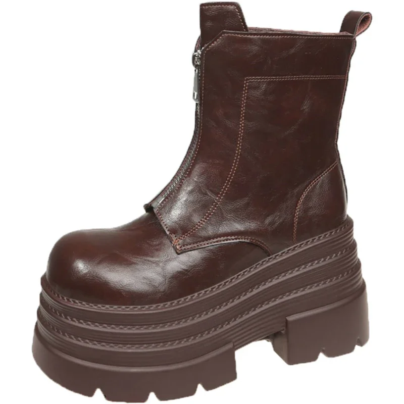 

Женские ботильоны, зимние мотоциклетные ботинки 10 см, кожаные кроссовки на толстом каблуке и платформе, женские короткие армейские ботинки на массивном каблуке на молнии