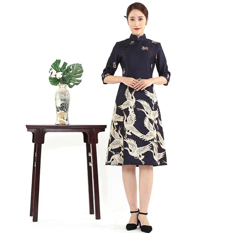 

Modern Chinese Cheongsam Qipao Women Crane Print 3/4 Sleeve Asian Clothes Sexy Oriental Dress Elegant Chinese Dresses FF2483
