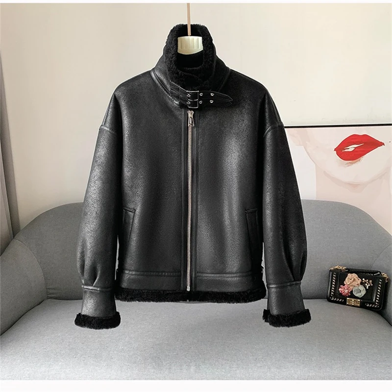 2023 Winter New Short Lamb Wool Fur Warm Coat Female Stand-up Collar Motorcycle Jacket JT412