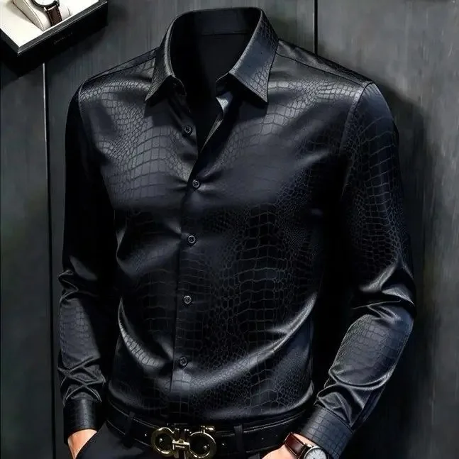 Blue Snake Skin Texture Long Sleeve Casual Shirt Men's 2026 Autumn New Style High Sensation Cool Leisure Shirt Polyester Fiber
