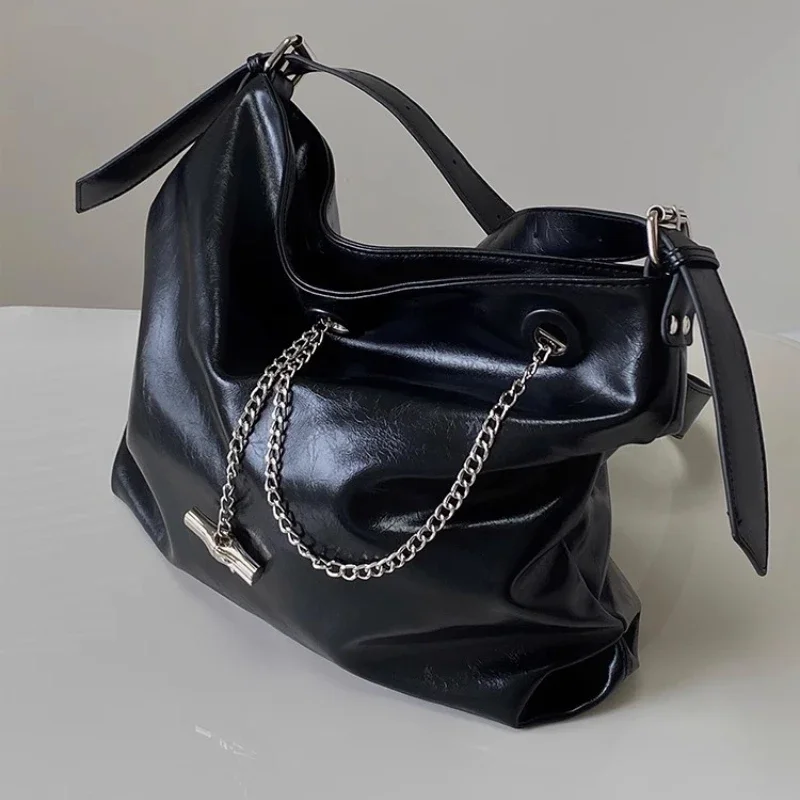 Xiuya Pure Black Womens Shoulder Bag Chains Y2k Gothic Fashion Large Capacity Tote Bag Pu Leather Casual Advanced Ladies Handbag