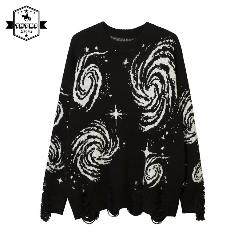 

Harajuku Starry Sky Distressed Holes Knitted Pullover Couple Fashion Streetwear Sweaters Male O-Neck Hip Hop Sweatshirt Unisex