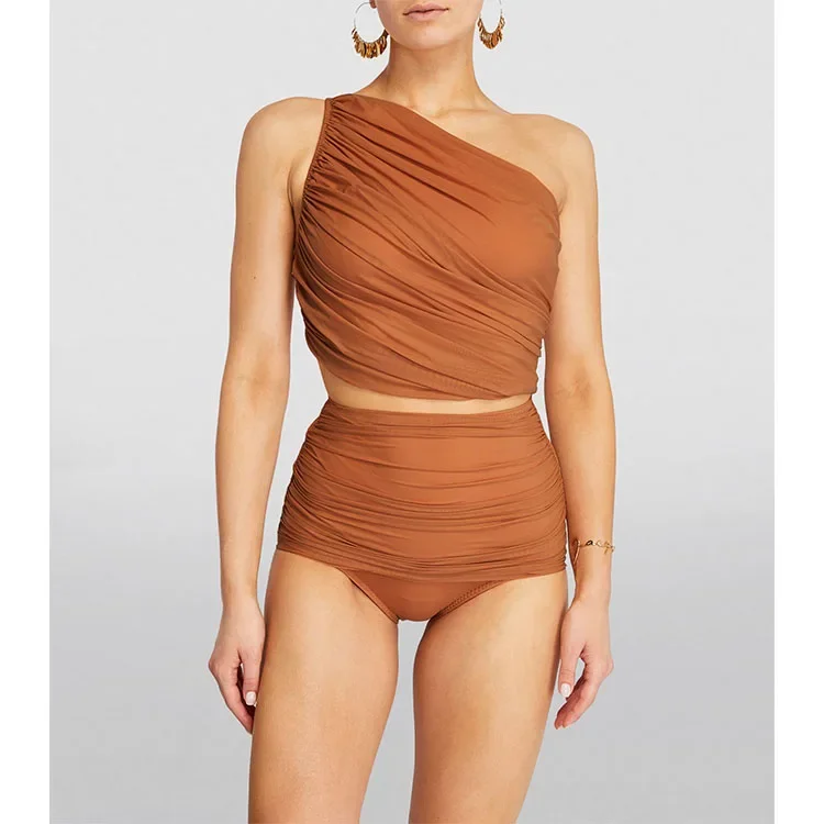 One Shoulder Ruched Rust High Waist Bikini Swimsuit and Sarong