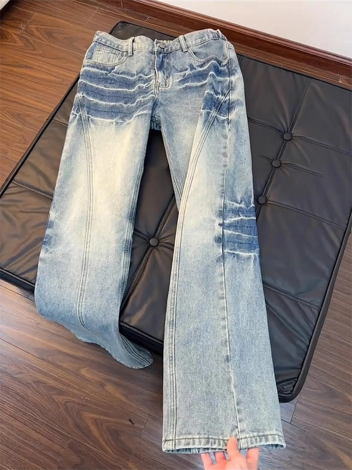 

Thiened Fce Lined Slant Cut Denim Jeans Men's American Retro Flared Cleanfit Straight Blade Pants Youth Trendy Cotton Po...