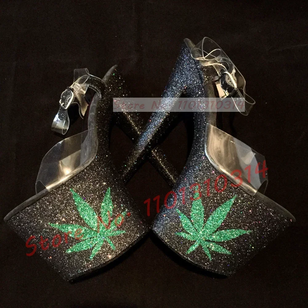 Maple Leaf Platform Glitter Sandals Women Luxury Sparkly Mixed Color High Heels Shoes Summer Party Pvc Strap Evening Sandals