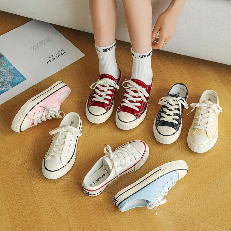 Zapatos sin cordones de lona bajos Unisex, novedad de verano, estilo coreano para estudiantes, zapatos de tablero perezosos versátiles, medias zapatillas, zapatillas blancas
