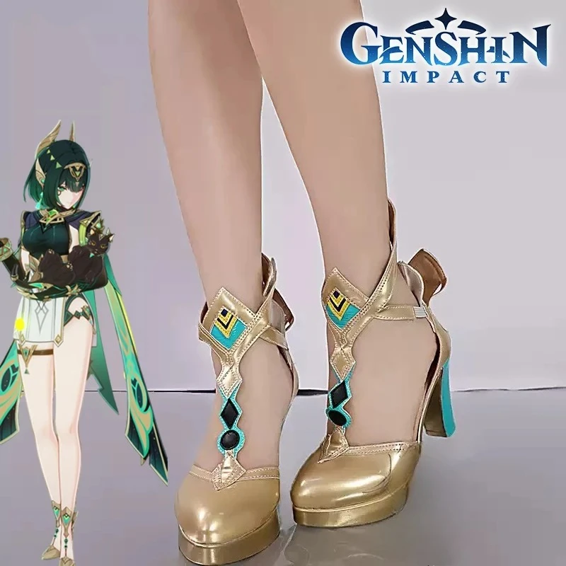 Juego Genshin Impact Nefer, zapatos de Cosplay para mujer, Lolita, cuero PU, tacones altos dorados, disfraz de Carnaval mascarada