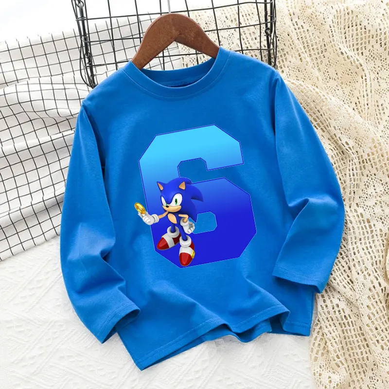 

New Sonics Long Sleeved T-shirts for Children Anime Cartoon Number 1-9 Printed Clothing Boys Girls Fashion Blue Top Kids Clothes