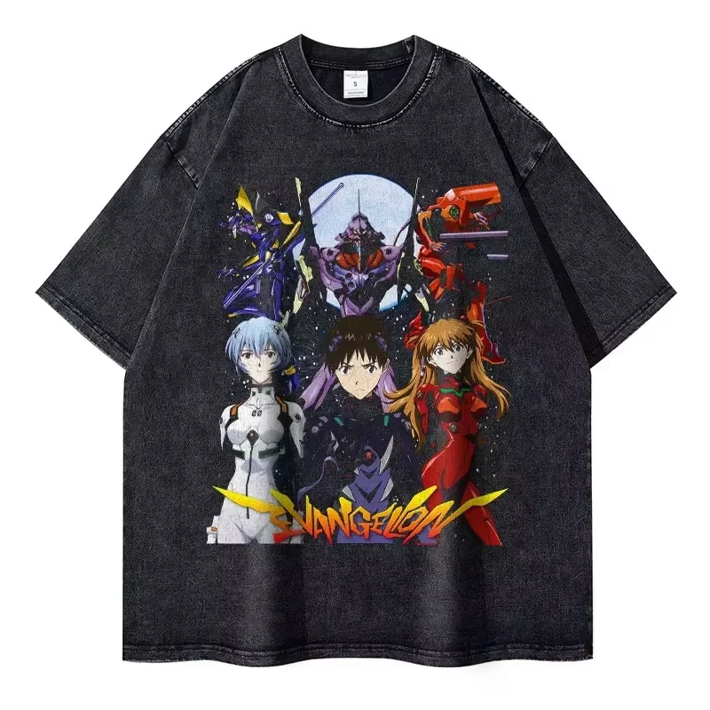 

Anime Eva Men's T-shirt Washed Vintage Loose Summer Women's Printed Short-sleeved Tees Gym Y2k Clothes Harajuku Tops
