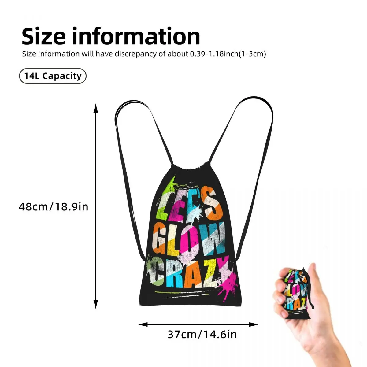 Let's Glow Crazy Neon Party Light Rave Drawstring Backpack Sports Gym Bag Lightweight Foldable Storage Drawstring Bag Men Women