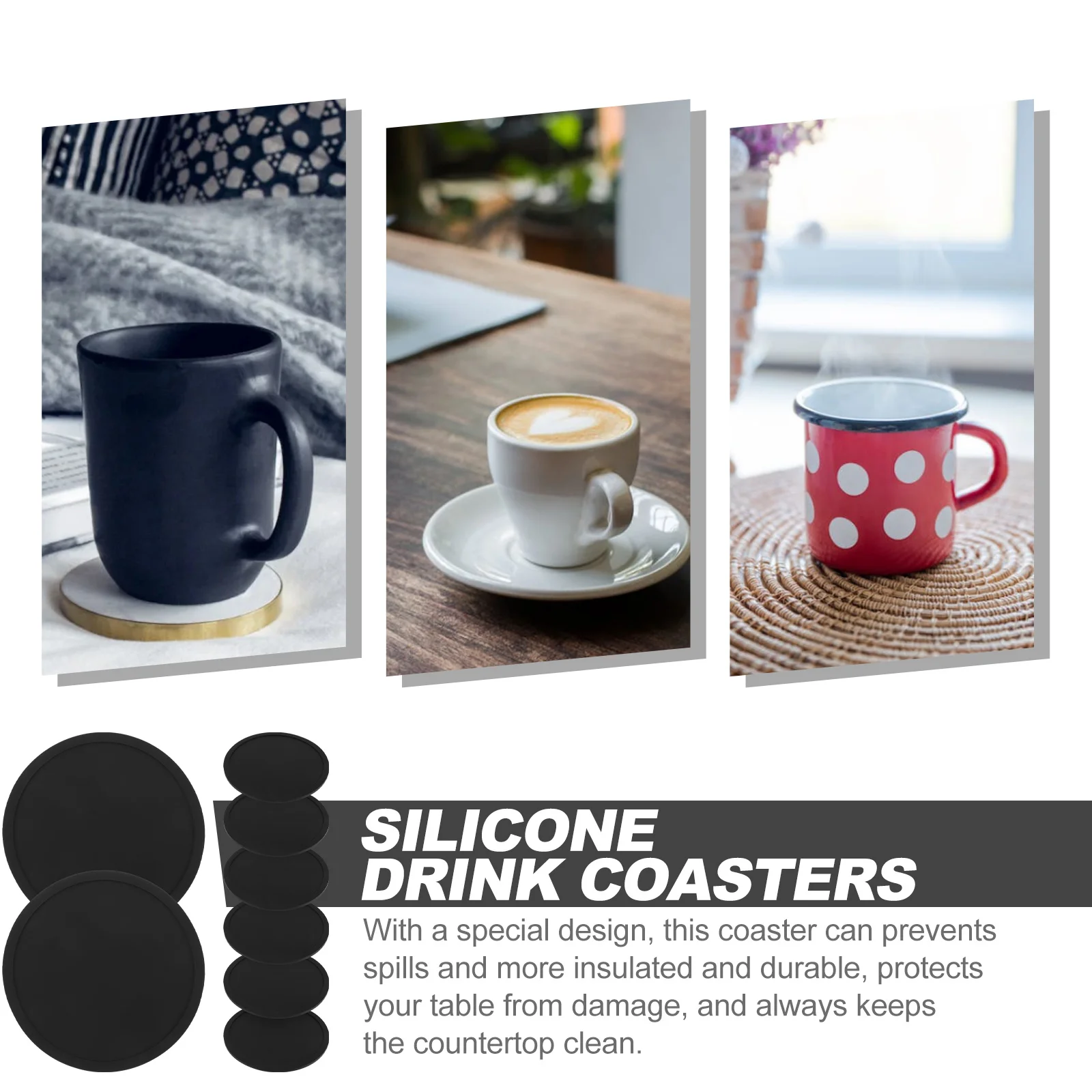 

8Pcs Black Silicone Coasters Anti-Slip Bottle Mats Heat-Resistant Mats for Kitchen Black Coasters Silicone Mat